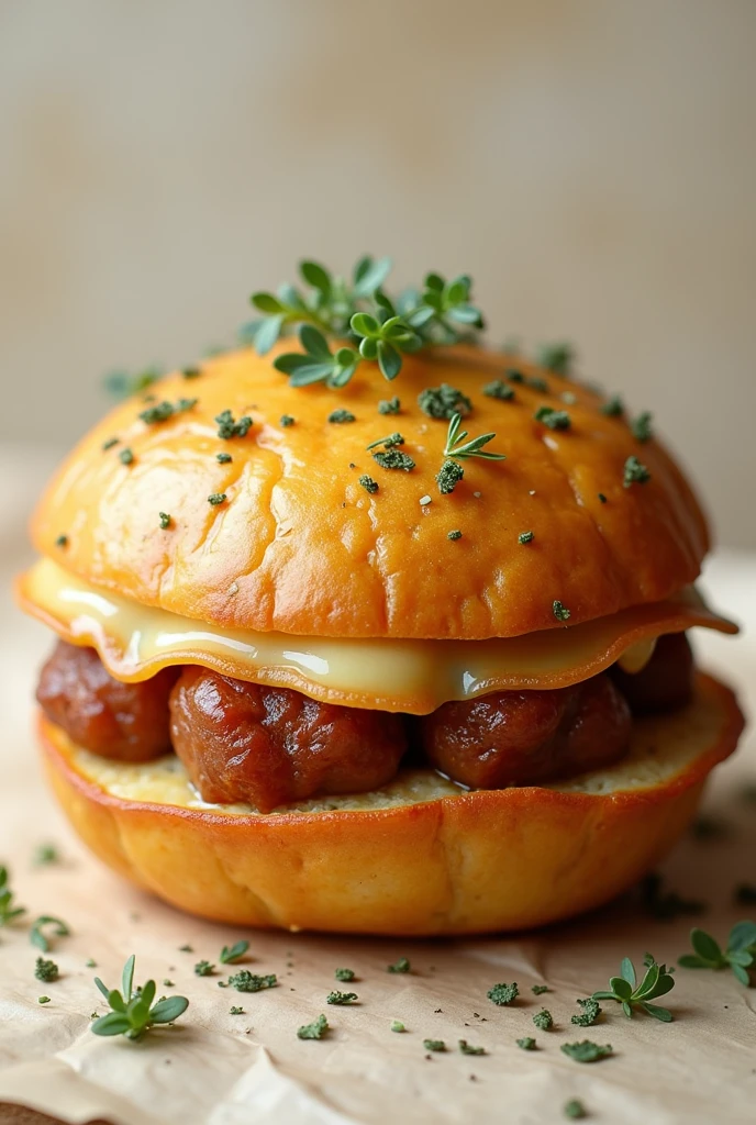 Generate an image of a baked potato in the shape of a sandwich completely closed by potato and with oregano on top of the potato dough