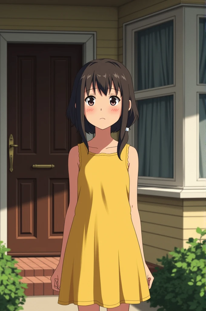 A girl wearing yellow sleeveless frock standing outside a house with closed door and bay window with a disapproval in her face