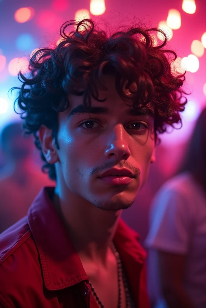 Latin boy, of 1.78 curly hair, in the disco beautiful and well detailed eyes cute, Ultra realistic cinematic 8k camera