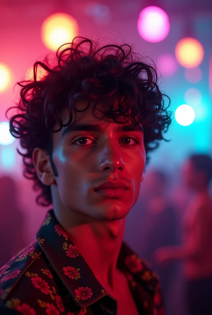Latin boy, of 1.78 curly hair, in the disco beautiful and well detailed eyes cute, Ultra realistic cinematic 8k camera