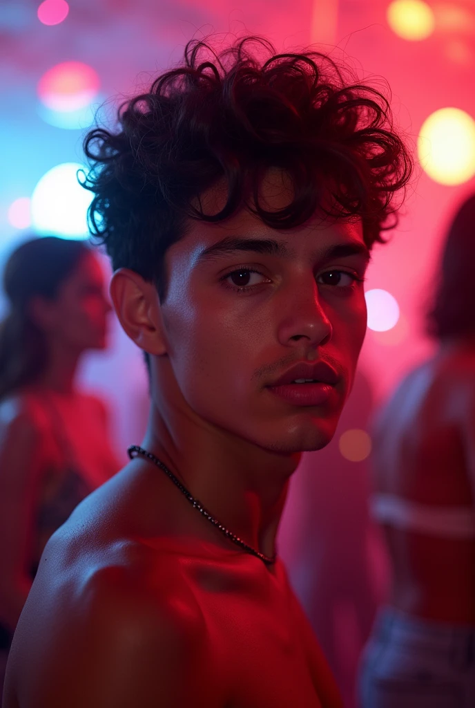 Latin boy, of 1.78 curly hair, in the disco beautiful and well detailed eyes cute, Ultra realistic cinematic 8k camera
