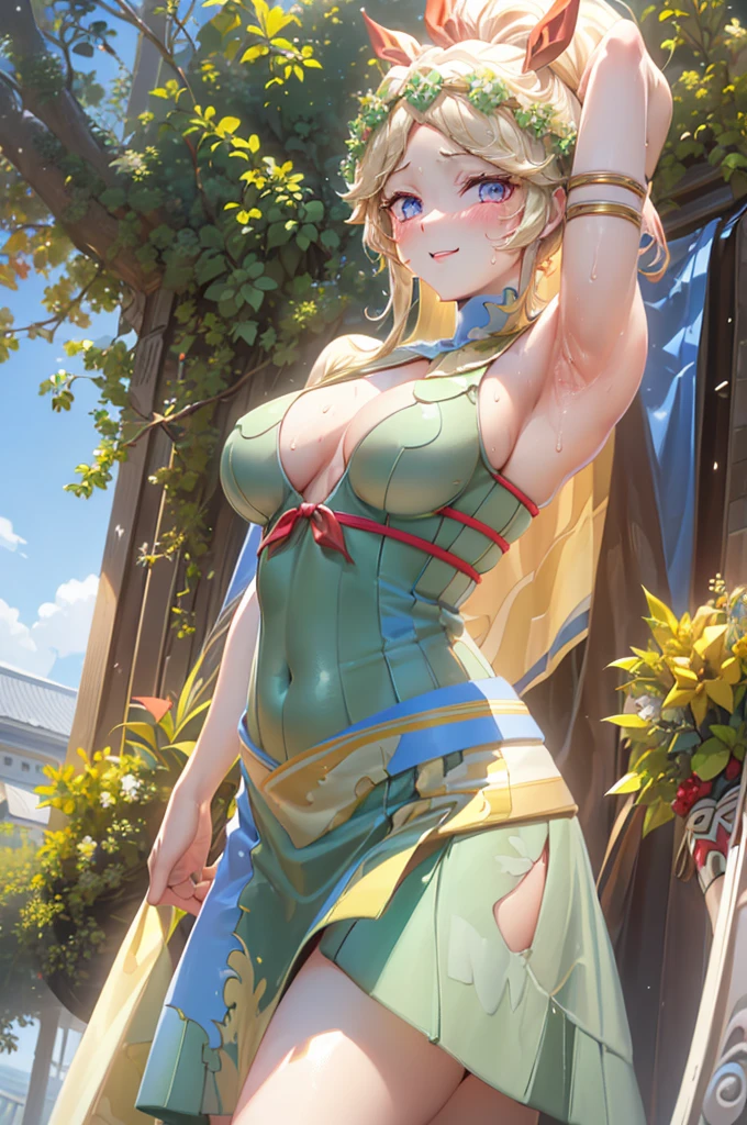 score_9, score_8_upper, score_7_upper,(((beautiful衣装を着たアニメのgoddessが腋を見せている))),(masterpiece, Highest quality, Highest quality, Official Art, beautiful,aesthetic:1.2),((masterpiece, Highest quality, Extremely detailed CG, unity 8k wallpaper )),Impressive visuals,装飾的なbeautifulドレスを着た女性, Hot Topics at the CG Society, Fantasy art, ((beautifulファンタジーprincess)), 8K High Resolution, Detailed Art, 美しく優雅なprincess, beautiful天の魔術師, Very luxurious, wonderful, nice,Noble, (((goddess))), princess,Glowing Skin,Provocative face,Perfect Face,blue sky,High resolution decoration,beautiful装飾を身に着けている, Very long eyelashes,Perfect Eyes,demeter, blonde hair, armlet, jewelry, dress, ponytail, cape,(((Sweaty,Sweat flows down,beautiful汗ばんだ脇の下,Slimy and shiny armpits,Girl showing her armpits)))