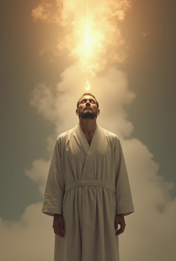 Man receiving the spirit of God inside his heart comes a small glow of light,like a tongue of fire above his head