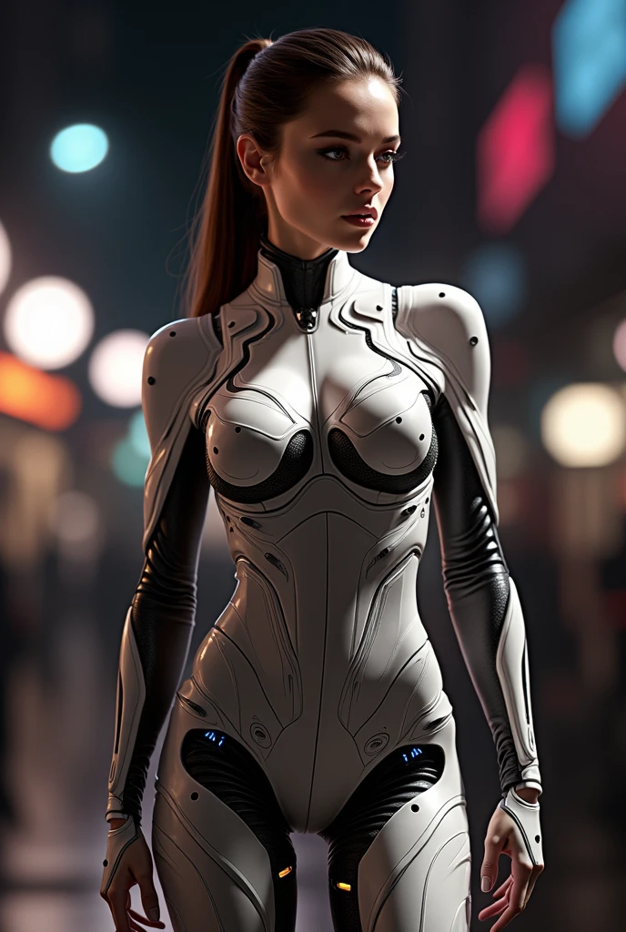 a close up of a woman in a futuristic suit posing, cyberpunk art inspired by Marek Okon, trending on Artstation, digital art, gynoid cyborg body, biomechanical oppai, oppai cyberpunk, girl in mecha cyber armor, beutiful white girl cyborg, in white futuristic armor, cybersuit, gynoid body, perfect anime cyborg woman