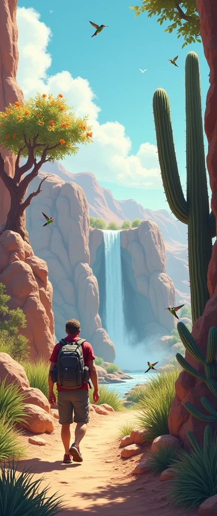 Man walking in hiking clothes left below, Next to it there is a cactus with flowers and a royal path begins from the left quadrant down to the right quadrant up., where the road ends at a waterfall. In the upper left quadrant there is a tree with hummingbirds flying and perched. In the lower right quadrant is the logo of a walking company called Mot Mot.