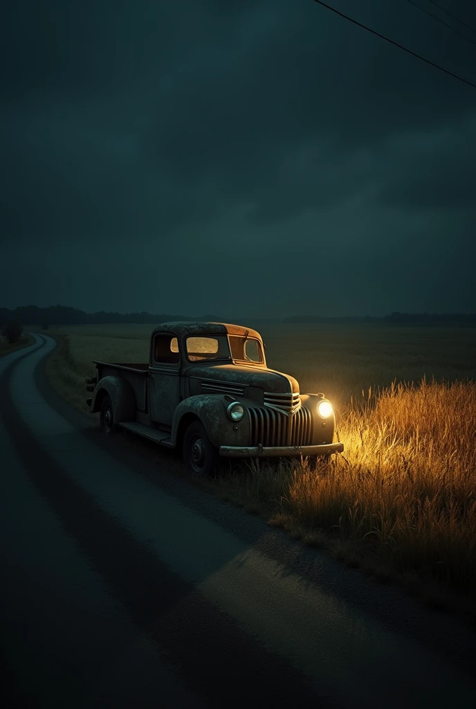 dark image of an old farm truck with the lights on on the road between the wheat plantation at night