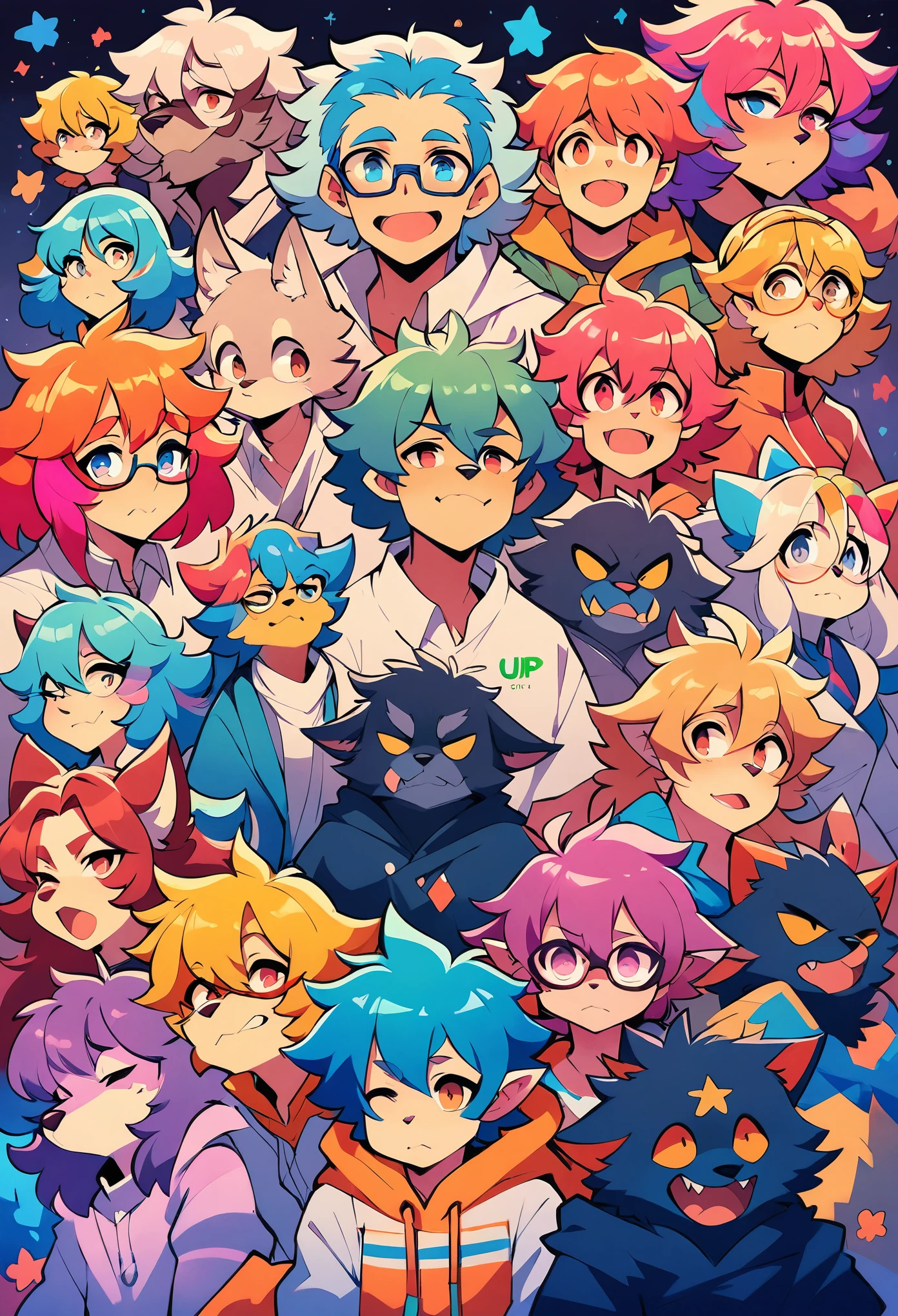 rating_safe, score_9, score_8_up, score_7_up, score_6_up, score_5_up, score_4_up, hires, source_furry, Werewolves with colorful hair and glasses, detailed anime art, assorted facial expression, fully posable, neutral pose, extra detailed body, 5fingers, thinking pose, cool pose,