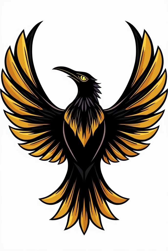 The golden bird logo with its wings spread out and its entire body facing the center front and its wings are not too many., without background, vector art with thick black line art on every part of the body , terinspirasi oleh Victor Noble Rainbird, artstation, clash of clans style, trending on dribbble mascot.featuring, crow, fierce expression 4k, in the quetzecoatl art style, a face in need of a fist, uncompressed png, totem, united, symbol of wisdom, full body