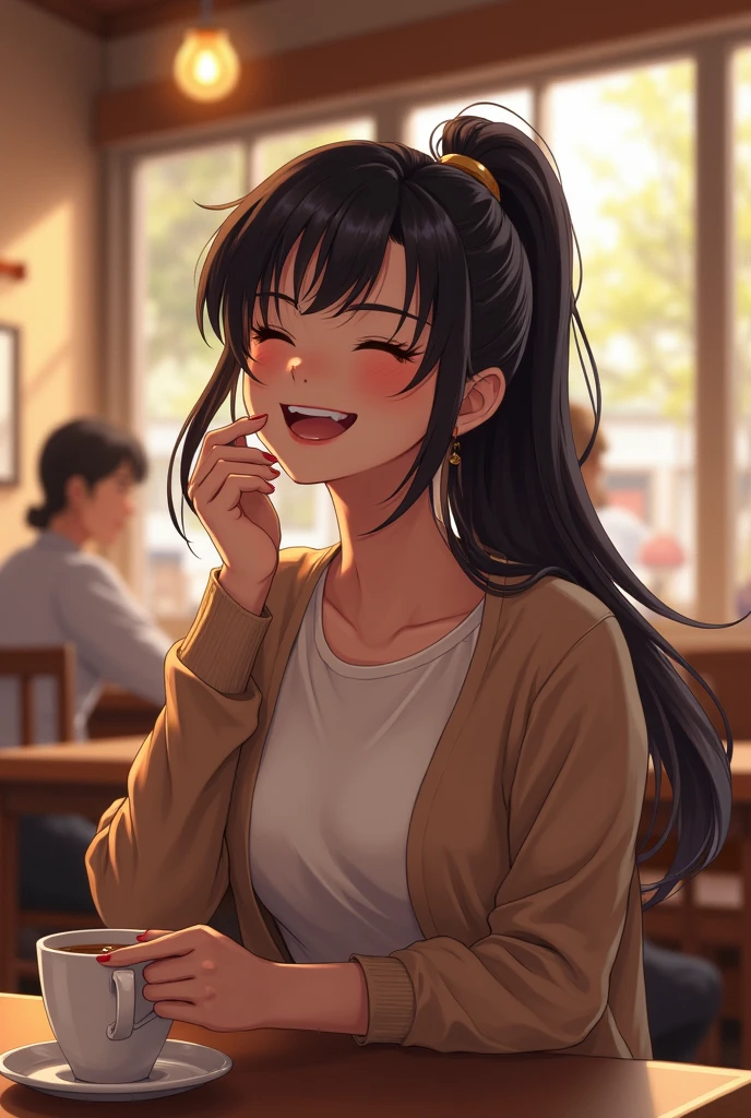 girl, Black Hair, elder sister, Wearing a ponytail,Laugh at someone who is talking, High-quality images, masterpiece, 美丽的girl, Coffee Shop,