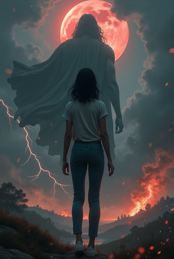 I want a mysterious picture. My book is on an ancient greek civilisation. Black colour theme. Zeus should be standing behind the girl. She has dark hair and a tomboy. I want a dark zeus standing behind her. Also only her back is visible. She ll be surrounded by thunder and lightning and also fire. No frocks or dresses. A jeans and shirt. Also dark zeus. Only surrounded by fire and lightning. And no anime. Realistic picture. A dark one. Zeus should not be visible a lot. Like people shouldnt know its zeus. So just a darkenned zeus. I dont want people to know its him. Um why dont we put a cloak on top of him. Make him more darker. A dark version. I dont want him to be white at all. Darker. I also want bit of blood moon. I want zeus larger. And throwing thunderbolts at the girl.