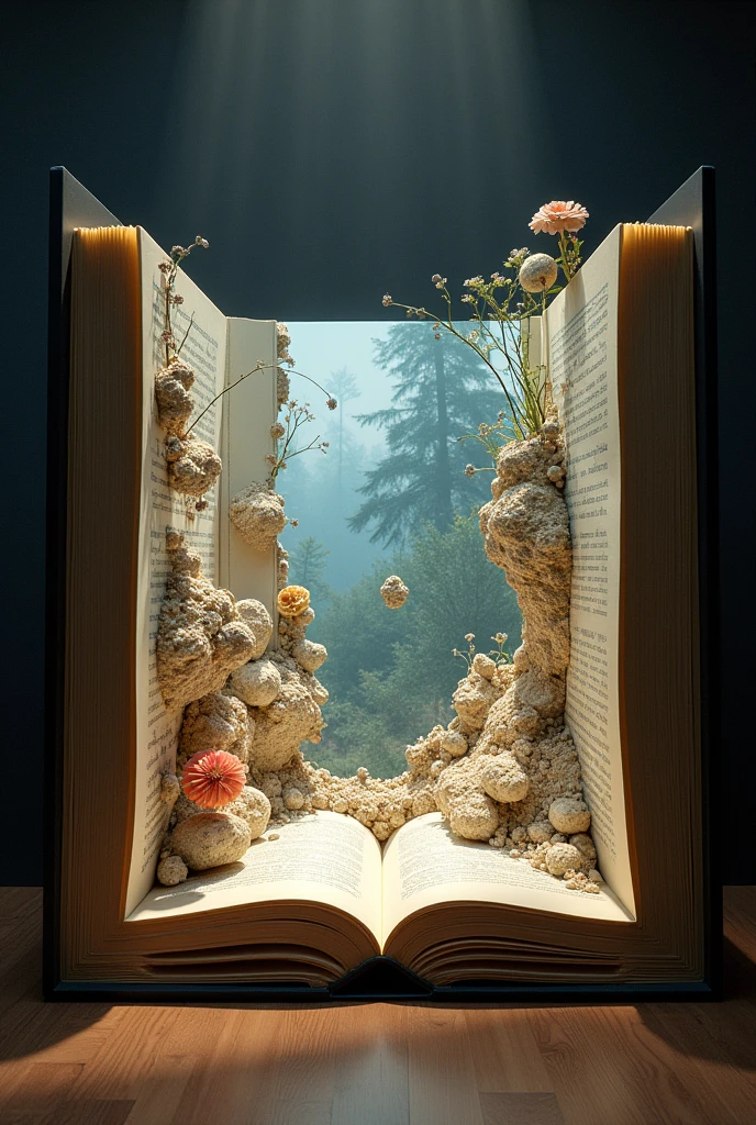 Imagine a book, open wide at 90 degrees, imagine that design as a wall, inside that wall it has an art installation