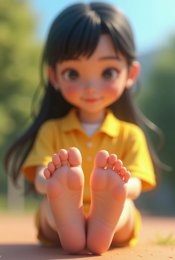 (A pretty girl),five toes,small feet,()(Primary of the feet,Detalles de las soles of the feet.,clear facial features。(young),,(For bangs)4k,long black hair。((Yellow sports school uniform.)),(Textured sole,Reality of lights and shadows.)。Extremely small feet