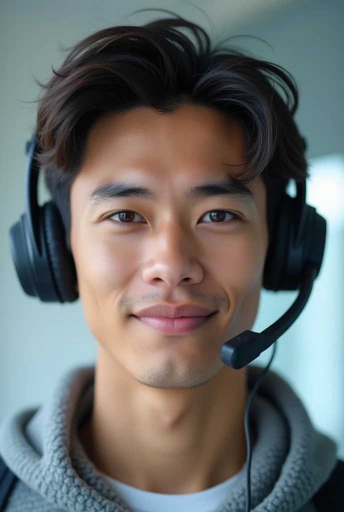 Face of a young man with headphones and microphone headband for technology technical support