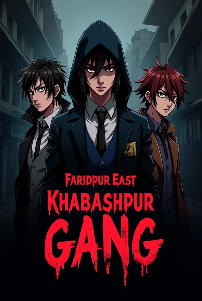 "FARIDPUR EAST KHABASHPUR GANG" design this text for me. i want to create a profile pic with this text so design it with anime and dark theme.so design this text
