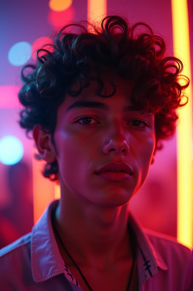Latin boy, of 1.78 curly hair, in the disco beautiful and well detailed eyes cute, Ultra realistic cinematic 8k camera