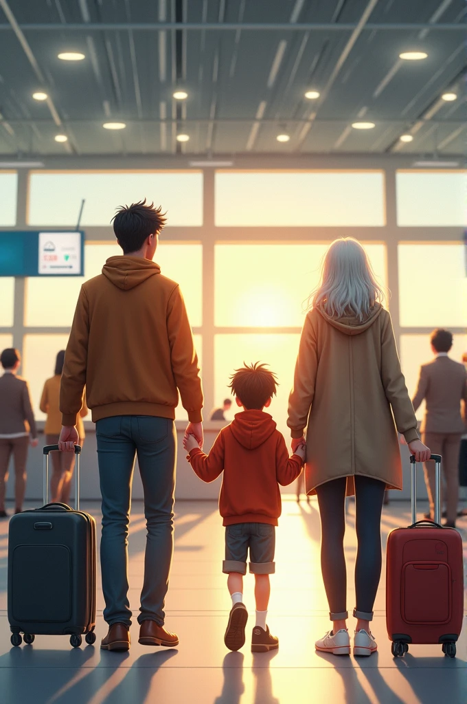 Create a picture wherein a family, consists of a father, mother, sister, brother, and a grandmother are getting their bags checked in the airport