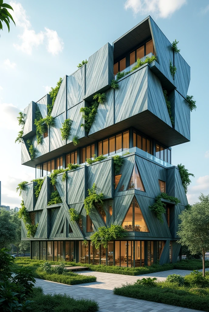 Building with many diamond-shaped glass windows, Two-story with green spaces that have functionality and morphology combining cubes with each other