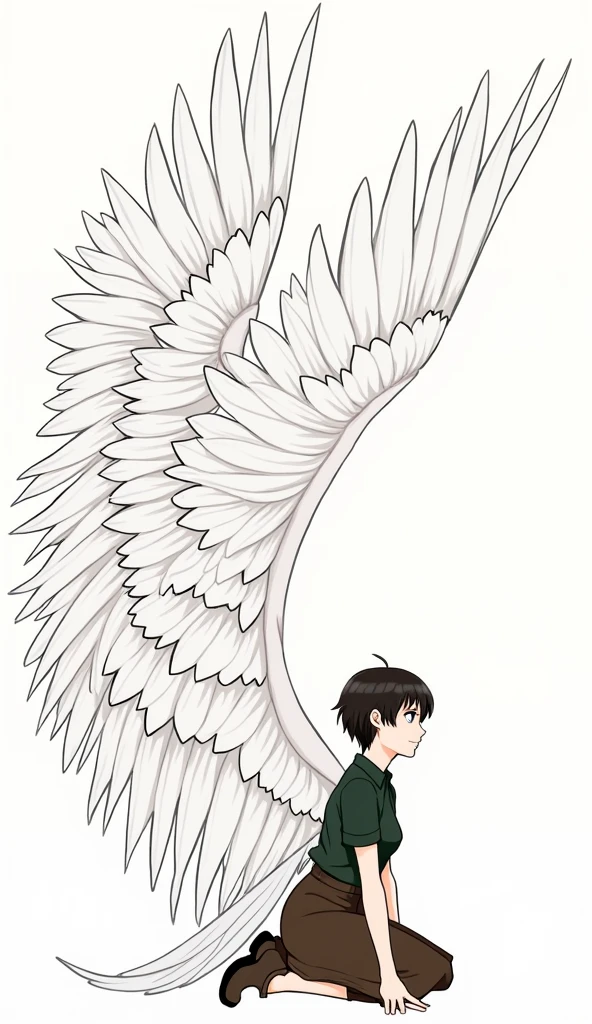 Woman with very short dark brown hair, Haircut for a boy, with black eyes, in a dark green shirt, in a dark brown long skirt, in dark brown boots, Large angel wings, sitting on his knees, anime art, masterpiece, realistically, professional photo, super detail high quality