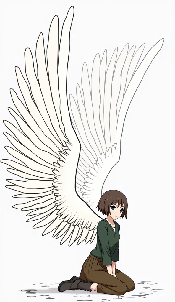 Woman with very short dark brown hair, Haircut for a boy, with black eyes, in a dark green shirt, in a dark brown long skirt, in dark brown boots, Large angel wings, sitting on his knees, anime art, masterpiece, realistically, professional photo, super detail high quality