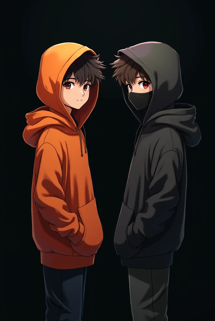A anime 2 boy with hoodie of orange colour and black
mask . With black backgroud