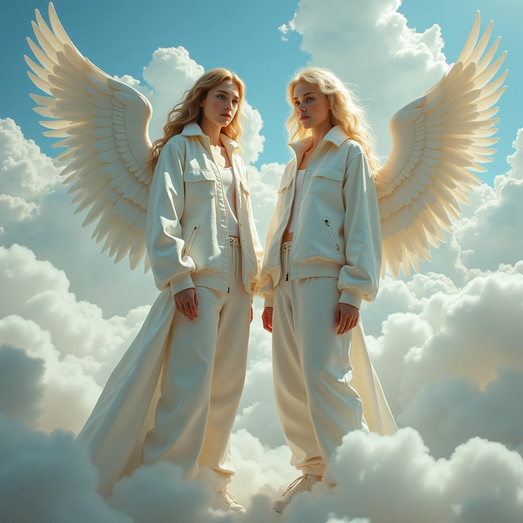 2 angel guy with beautiful wings ,Dressed in futuristic Balenciaga Supreme Nike Adidas clothes, clouds background, art by Velázquez