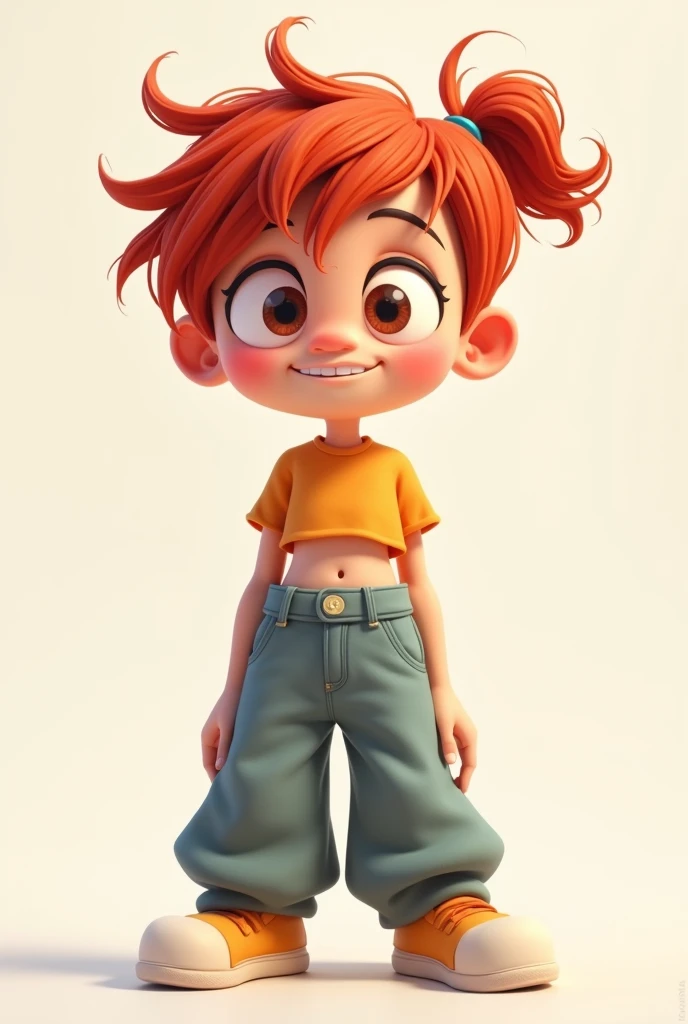 A simple cartoon character with baggy pants and crop rop and ponytale short hair with bangs with red heairs
Model sheet from any angle
