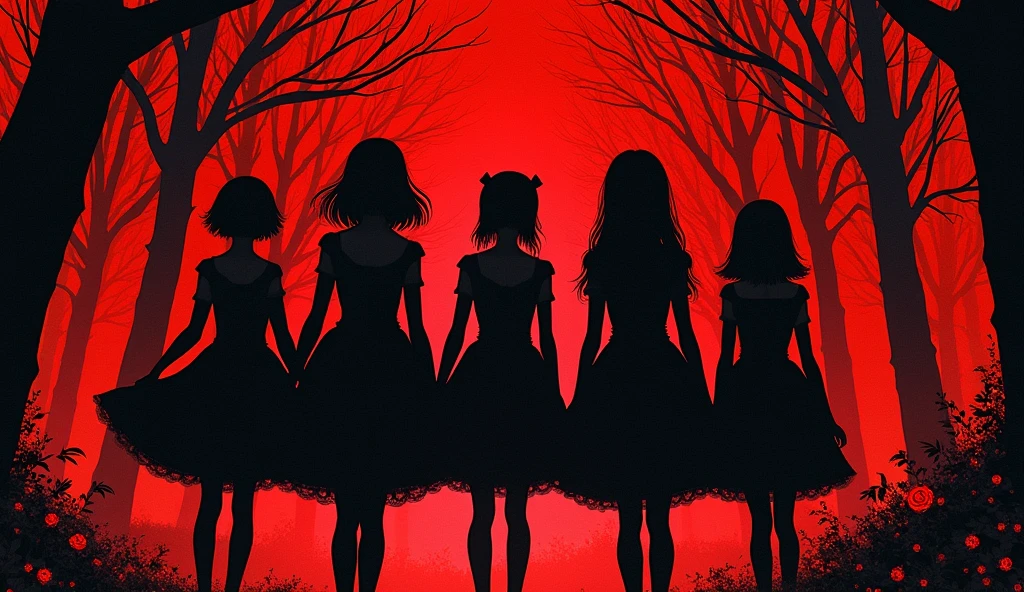 japanese goth kawaii kpop girl group, (abstract art:1.2), fractal art, psychedelic art, (style of Yuko Shimizu:1.1), red theme, dark theme, gothic cathedral, haunting, 