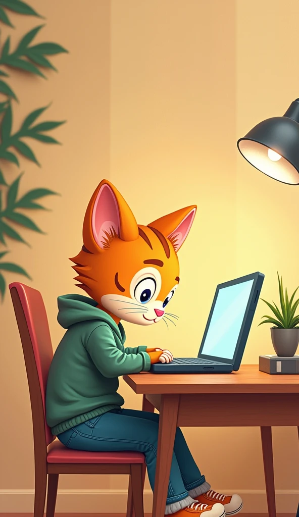  Cartoon of a cat sitting at a table with a laptop, director: Alena Aenami, artistic. Alena Aenami, inspirado em Alena Aenami, Arte de Alena Aenami, Estilo de Alena Aenami, director: Atey Gailan, Amazing Paper Wallpaper, Keyframe illustration, Cozy atmosphere, inspirado em Atey Gailan, computer wallpaper