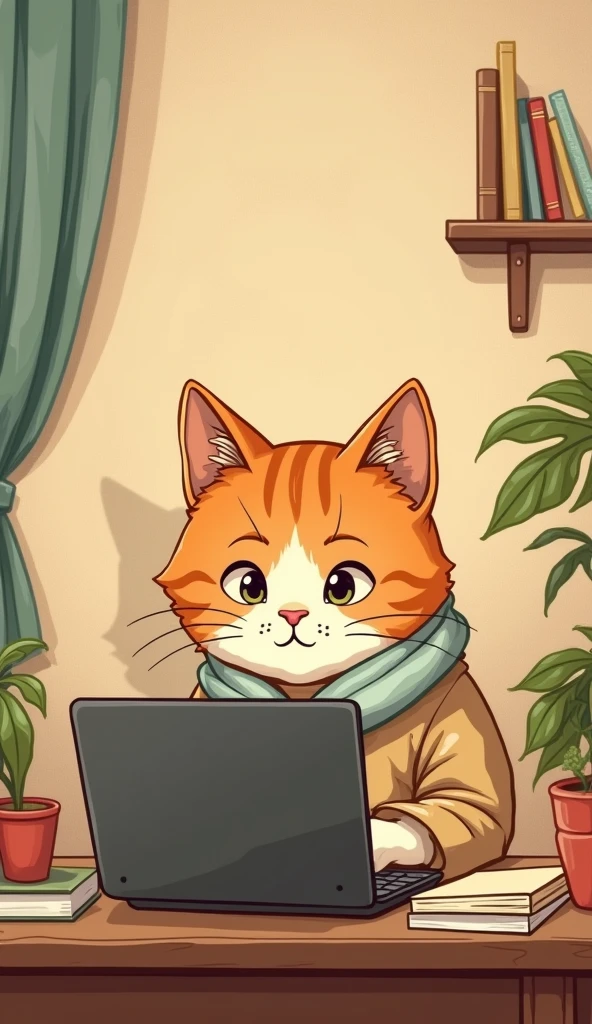 Cartoon of a cat sitting at a table with a laptop, director: Alena Aenami, artistic. Alena Aenami, inspirado em Alena Aenami, Arte de Alena Aenami, Estilo de Alena Aenami, director: Atey Gailan, Amazing Paper Wallpaper, Keyframe illustration, Cozy atmosphere, inspirado em Atey Gailan, computer wallpaper
