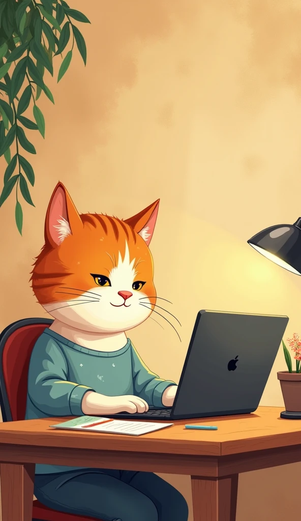  Cartoon of a cat sitting at a table with a laptop, director: Alena Aenami, artistic. Alena Aenami, inspirado em Alena Aenami, Arte de Alena Aenami, Estilo de Alena Aenami, director: Atey Gailan, Amazing Paper Wallpaper, Keyframe illustration, Cozy atmosphere, inspirado em Atey Gailan, computer wallpaper