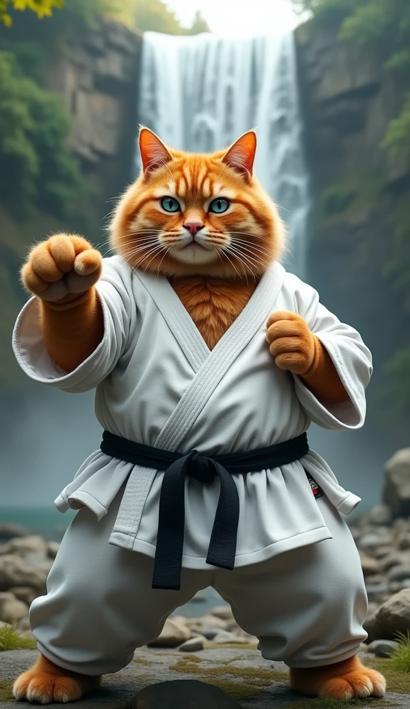 Make a picture of a fat obese orange cat, blue eyes, wear white karate clothes black belt, is doing a punching motion facing the camera, with a waterfall background, full body, wide, super realistic 8k images