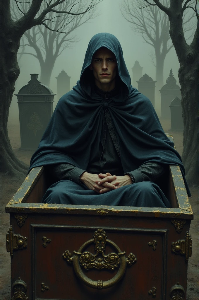 create a painting of a man with a black cape and gold interior, sitting in a coffin in a cemetery.