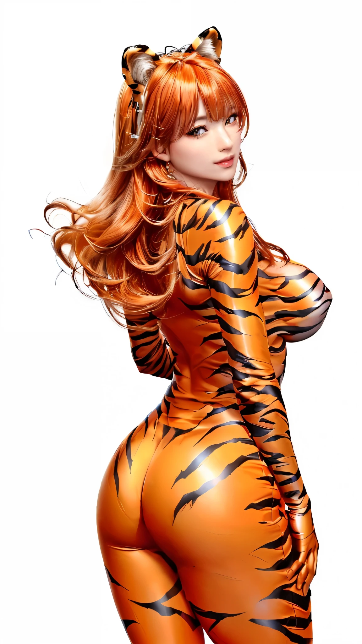 (((Perfect body,(((hwjsy, tigerstripebodysuit ))),(((Orange hair, orange long hair, orange straight hair, golden eyes, red lips, pink powder blusher, tiger ear headdress))),((masterpiece)),high resolution, ((Best quality at best)),masterpiece,quality,Best quality,((( Exquisite facial features,Looking at the audience,There is light in the eyes,Smile))),From the back,Plump buttocks))),(((Light and shadow,Huge breasts,))),(((Looking at the camera,White background,))))