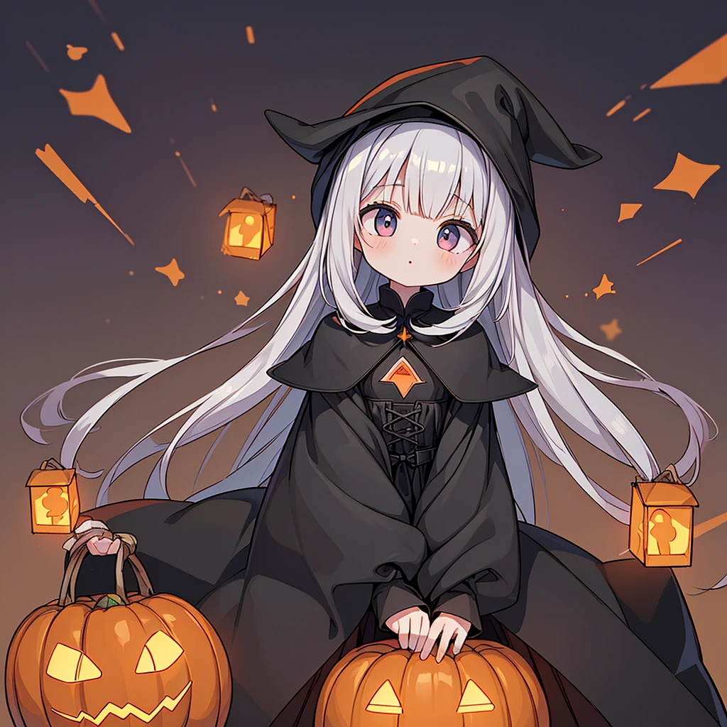 1girl,(((Perfect Anatomy、Perfect human body、Highest quality、Masterpiece、Super detailed、X Composition、S composition、Square Composition、Triangular composition、Award-winning works)))、cute、Orange and black palette、Trick or Treat、Pumpkin carriage、Big Wizard Hat、Black Cape、Black dress、Absurd、The fantastic world of Halloween、