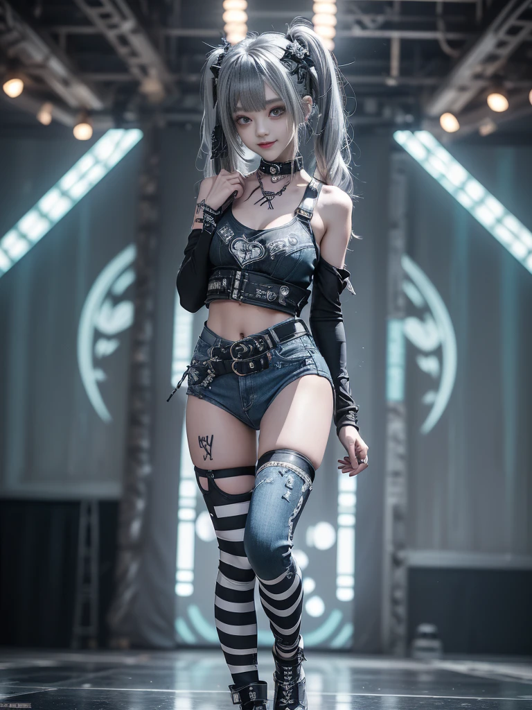(Full Body View:1.2)、(Smiling with teeth showing:1.3),(Shibuya Gal:1.5)、(Gothic style fashion:1.5)、(Punk rock visual kei:1.5)、(Wearing a rhythmic gymnastics bodysuit with intricate details:1.4)、(Complex white racing suit and pants, Denim and turquoise decor:1.5)、(Denim and light blue and white boots:1.3)、((belt))、(A number of subtle logos are featured throughout the costume々:1.4)、(collar:1.3)、(Striped underwear:1.5)、20-year-old、Browsing Caution、((Highest quality、In 8K、masterpiece:1.3))、Sharp focus:1.2、(Layered Cut、Huge boobs:1.1),Beautiful woman with perfect figure:1.4、(Dance vigorously:1.3)、Slim Abs:1.2、Highly detailed face and skin texture、Detailed eyes、double eyelid,(Twin tails:1.3)、(Dark silver hair:1.3)、Idol Sculpture、(The background is the stage for a fashion show:1.3)、(The body is slim:1.3),(Slimming your legs:1.4),（clavicle:1.1）、(Thin and slim thighs:1.3)