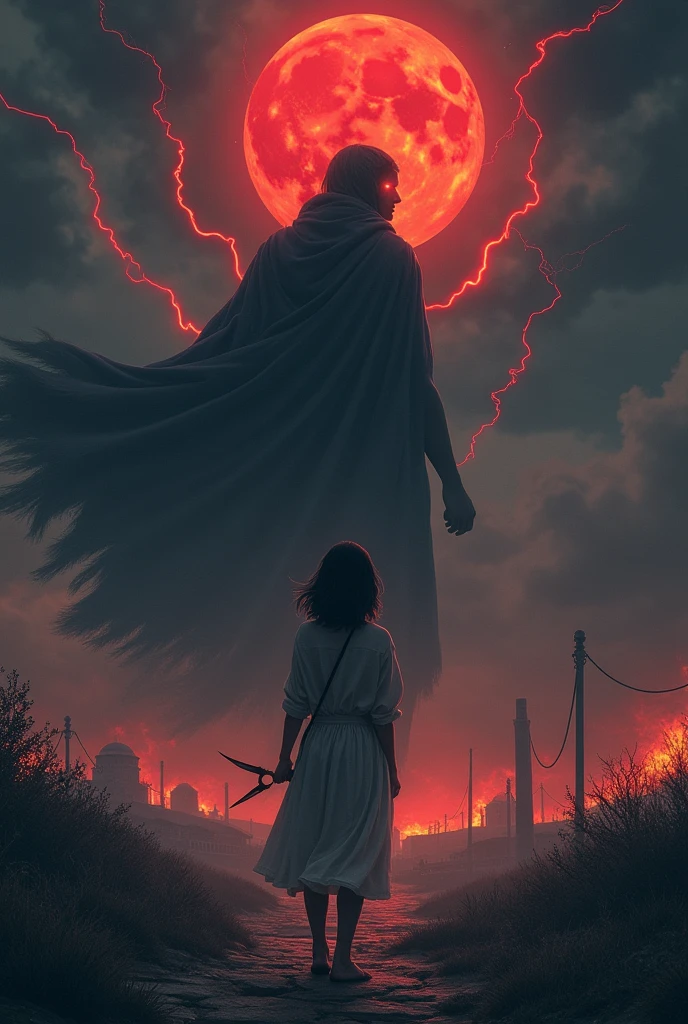 I want a mysterious picture. My book is on an ancient greek civilisation. Black colour theme. Zeus should be standing behind the girl. She has dark hair and a tomboy. I want a dark zeus standing behind her. Also only her back is visible. She ll be surrounded by thunder and lightning and also fire. No frocks or dresses. A jeans and shirt. Also dark zeus. Only surrounded by fire and lightning. And no anime. Realistic picture. A dark one. Zeus should not be visible a lot. Like people shouldnt know its zeus. So just a darkenned zeus. I dont want people to know its him. Um why dont we put a cloak on top of him. Make him more darker. A dark version. I dont want him to be white at all. Darker. I also want bit of blood moon. I want zeus larger. And throwing thunderbolts at the girl. Remove the girl. Make zeus extra black. His eyes will bw glowing red.