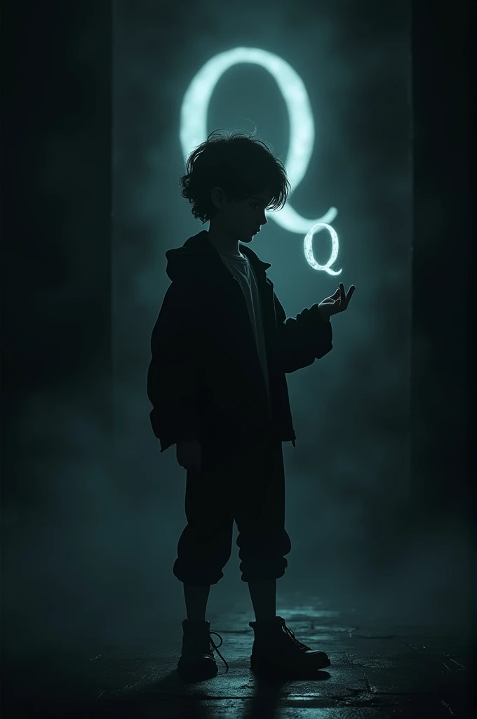 A random boy in the dark stand with the letter Q