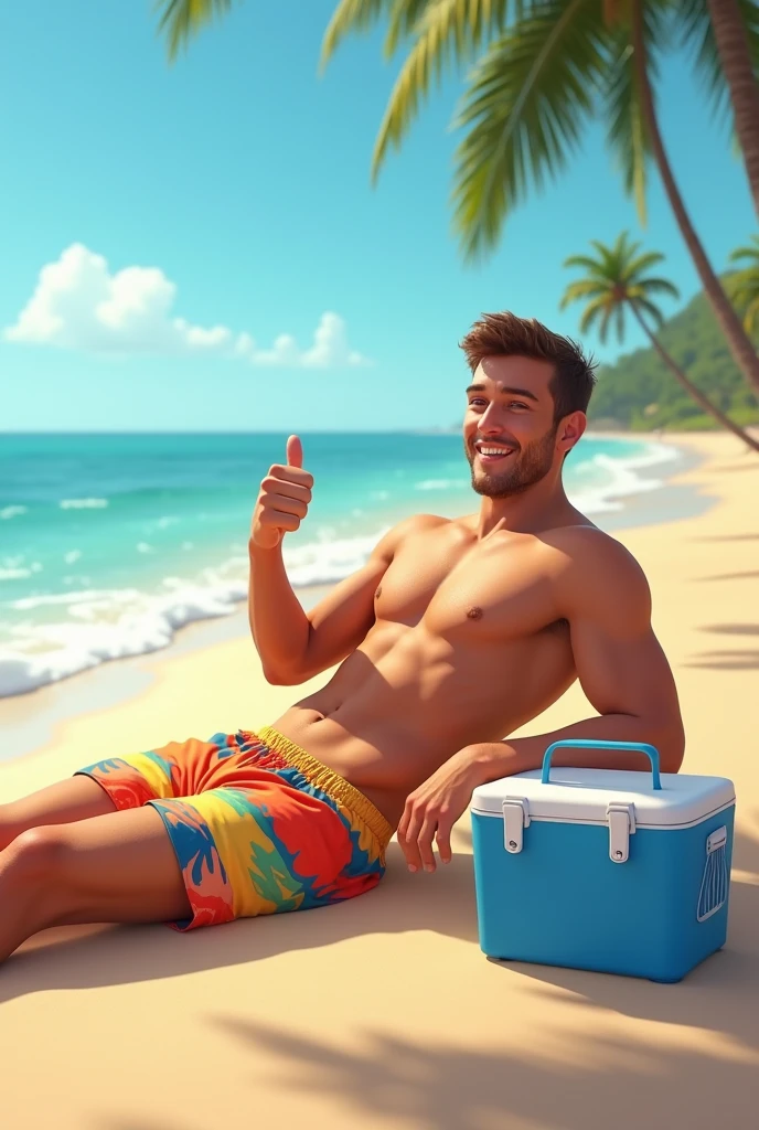 Create a young man lying on the beach, in swim trunks, with a blue styrofoam box next to it, and giving a thumbs up 
