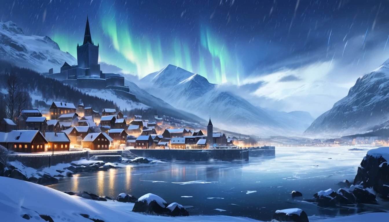 medieval city, snow storm, scandinavian, mountains and forest, polar lights, frozen sea.