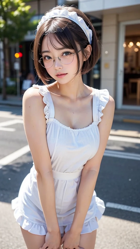 8k, RAW photo, best quality, masterpiece, realistic, photo-realistic, clear, professional lighting,medium shoot,beautiful face, best quality,1young girl,a little smile,8yr,japanese girl,detailed face,twin tails hair,wear round glasses,whit tankdress,(striped panties),(in cafe view river),nsfw