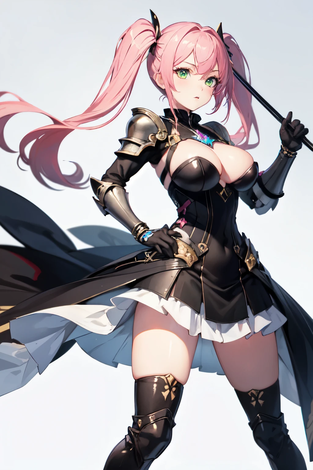 ((Highest quality)), ((masterpiece)), (detailed), One person, Pink Hair,Twin tails,Dress Armor,Green Eyes,Cane in both hands,Big Breasts