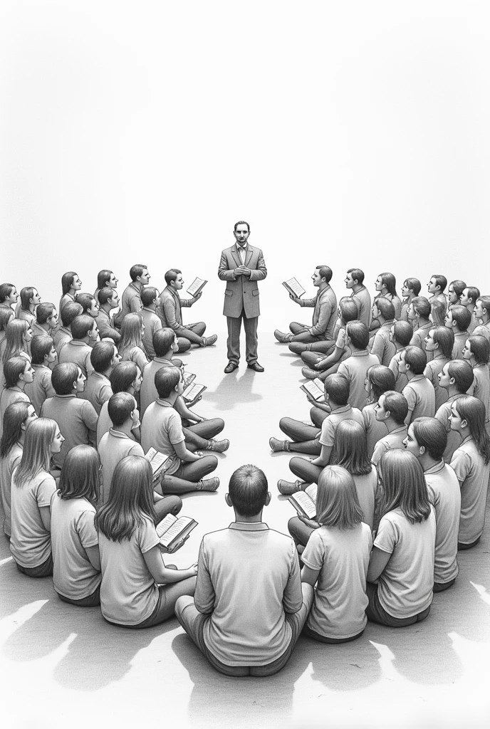 Pencil sketch of 100 people gathered around, sitting on the floor, each with an open book in hand, listening to one person in the group speaking. Point of view from eye level.