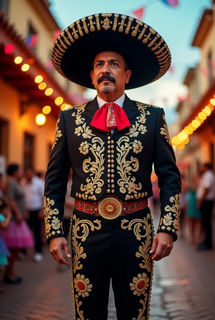 Mexican charro mariachi solo singer full body age 50 years old without beard without guitar 