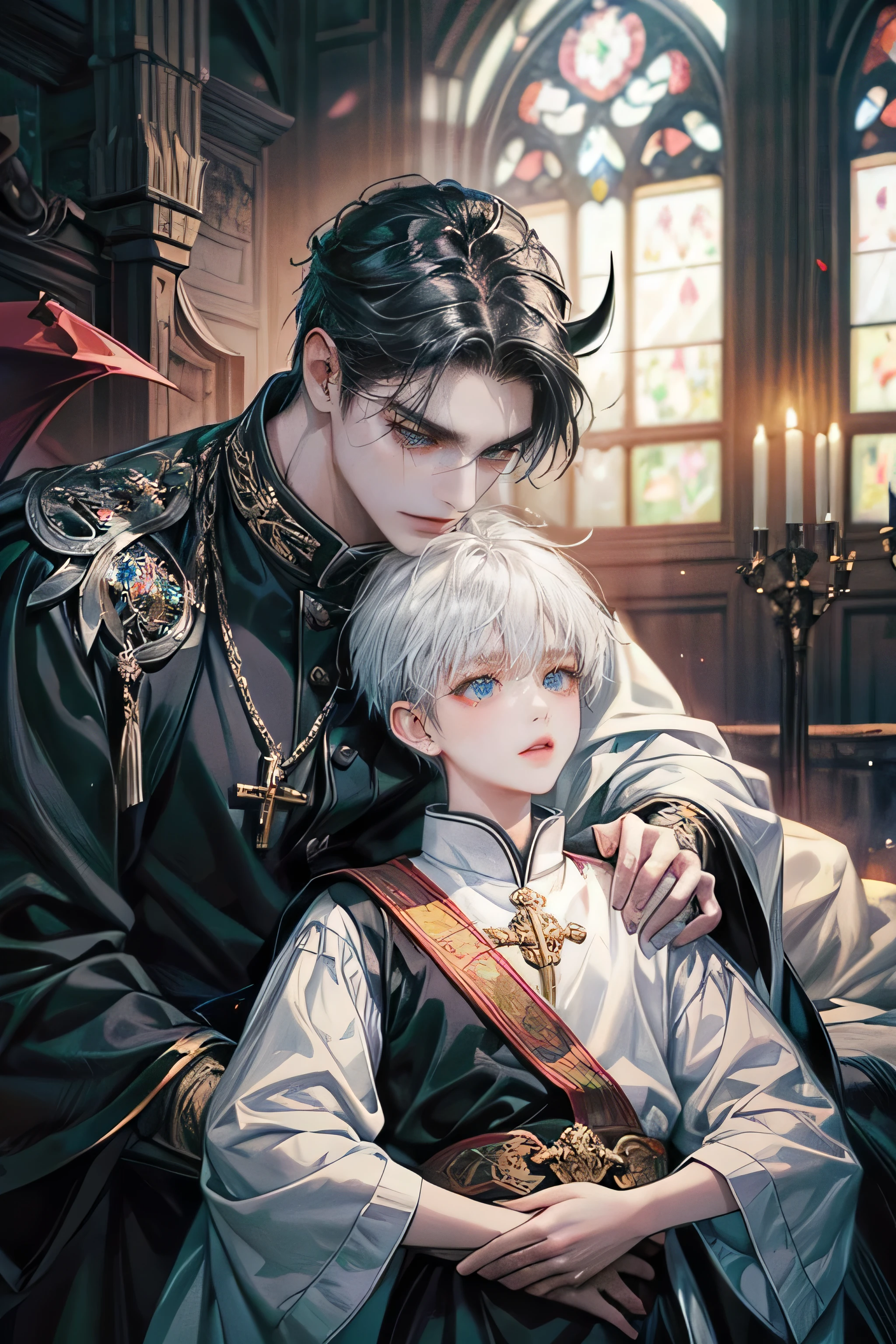 The 20-year-old young priest is a young man who loves justice, has a kind heart, is cute and loved by everyone, but has a weak body, making the young priest have a small and fragile body. The young priest has platinum-white hair, bright blue eyes, and is hugging the demon king. The demon king with a tall body is hugging the young priest gently. The demon king is sad, he hugs the young priest tightly and possessively. The demon king is a tall man with a handsome but fierce face, with black hair, red eyes, and two large horns on his head, dark, different from the young priest who has high-definition lighting., Masterpiece, precise, details, detailsสูง,best quality, highest resolution,