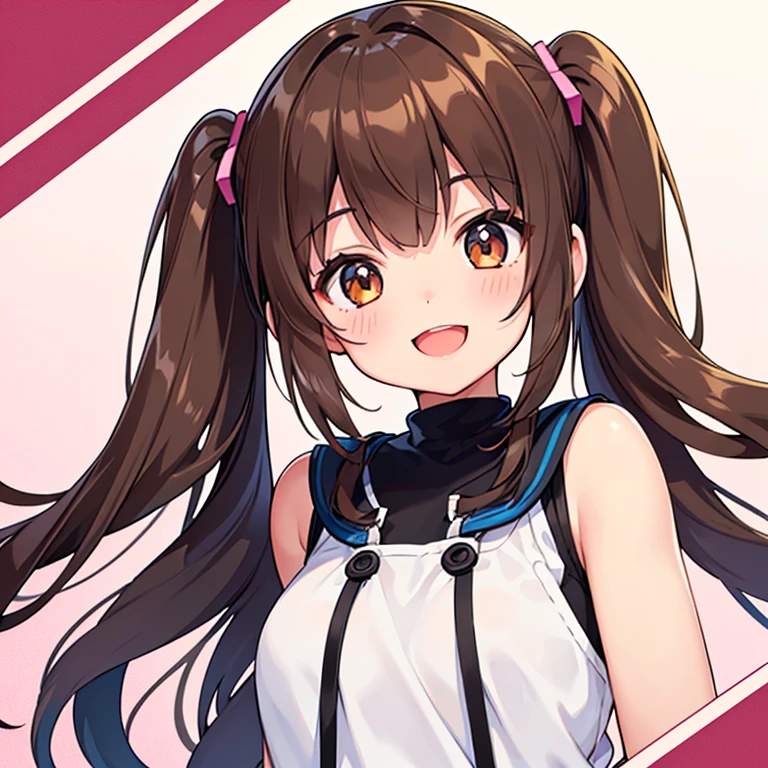 1 girl, , cute, ((Brown Hair)), Medium twin tails, (smile:1.3), (Open your mouth:1.2), Photographed from the front, Close up on face, (Arms at your sides), ((Highest quality)), ((masterpiece)), (detailed), Perfect Face, Perfect Arms, Perfect hands, Perfect Fingers, anime, Ultra-fine illustration,