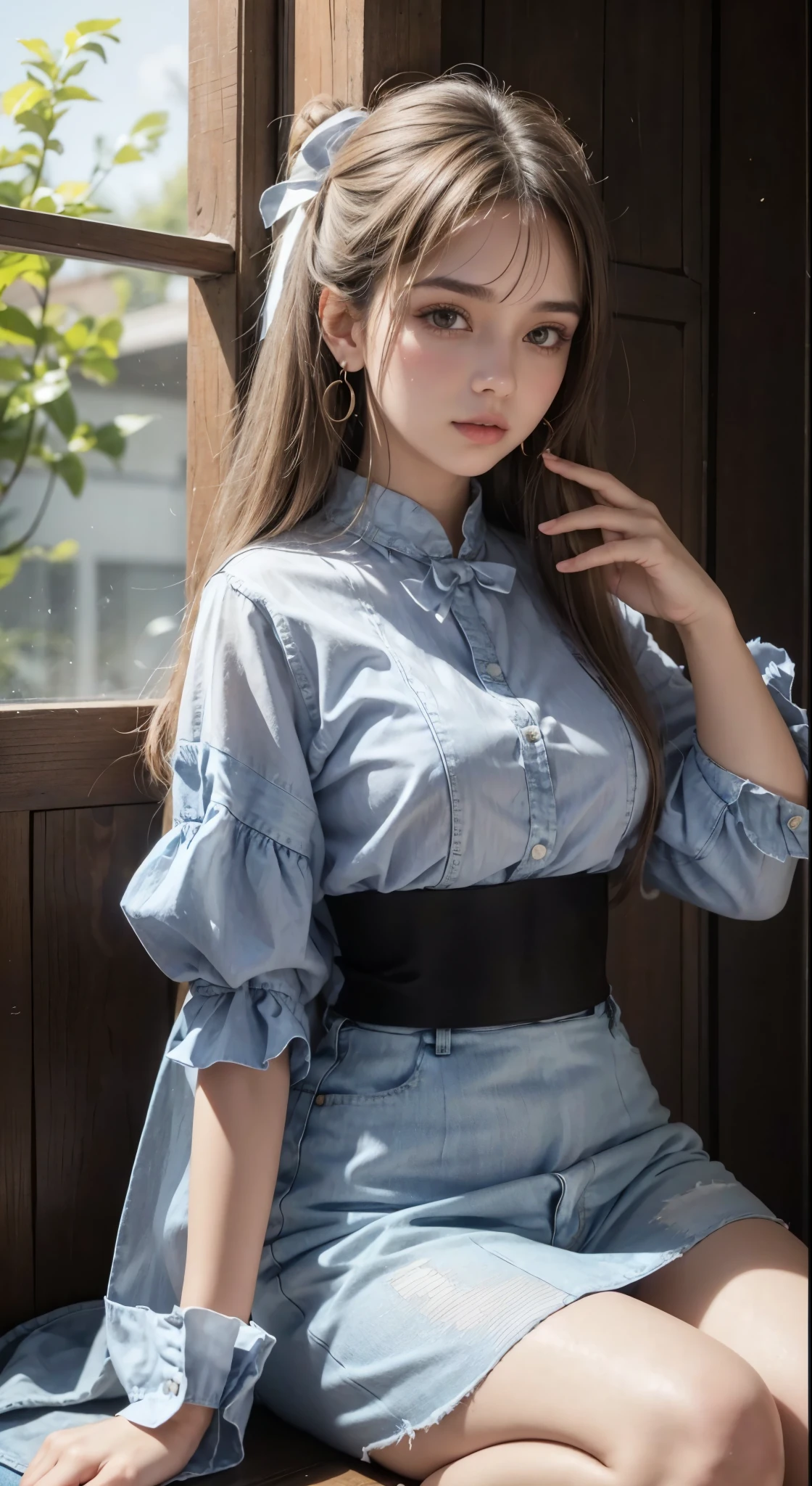 Beautiful 1 brunette girl with a Brazilian face wearing a blouse and high waisted jeans with a belt and thick legs and big earrings showing her T shaped belly button