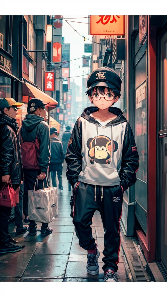 A boy with a cap that says (PJ9), with a hooded sweatshirt with a drawing of a monkey with a cap and glasses, The boy must also wear dark glasses, a pet a monkey also with a cap and glasses , Walking through the streets of Tokyo with neon lights in the background that say ( Porritajr9) , colored smoke
