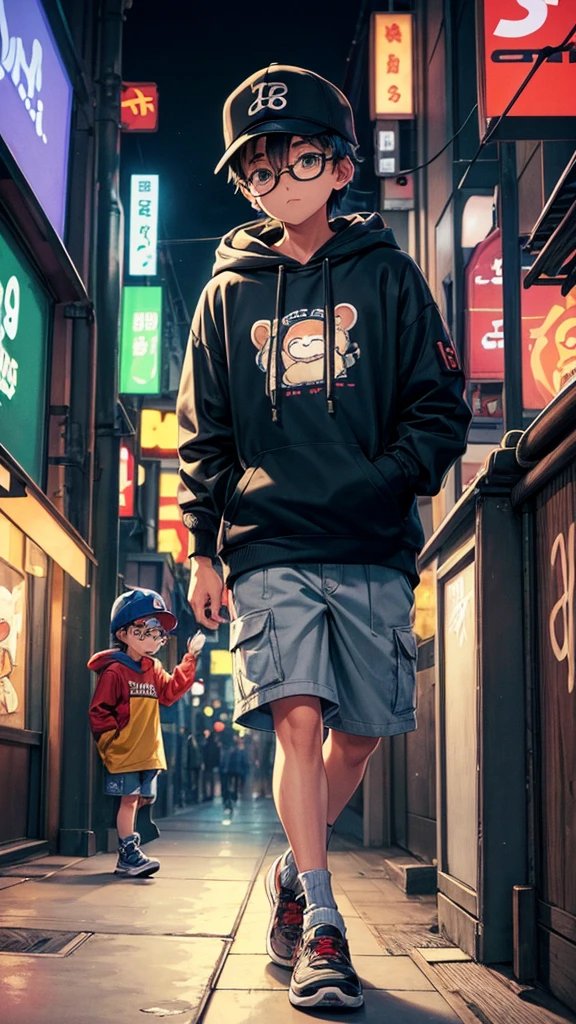 A boy with a cap that says (PJ9), with a hooded sweatshirt with a drawing of a monkey with a cap and glasses, The boy must also wear dark glasses, a pet a monkey also with a cap and glasses , Walking through the streets of Tokyo with neon lights in the background that say ( Porritajr9) , colored smoke