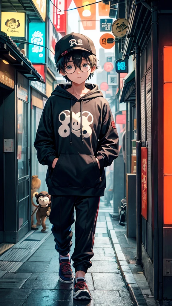 A boy with a cap that says (PJ9), with a hooded sweatshirt with a drawing of a monkey with a cap and glasses, The boy must also wear dark glasses, a pet a monkey also with a cap and glasses , Walking through the streets of Tokyo with neon lights in the background that say ( Porritajr9) , colored smoke