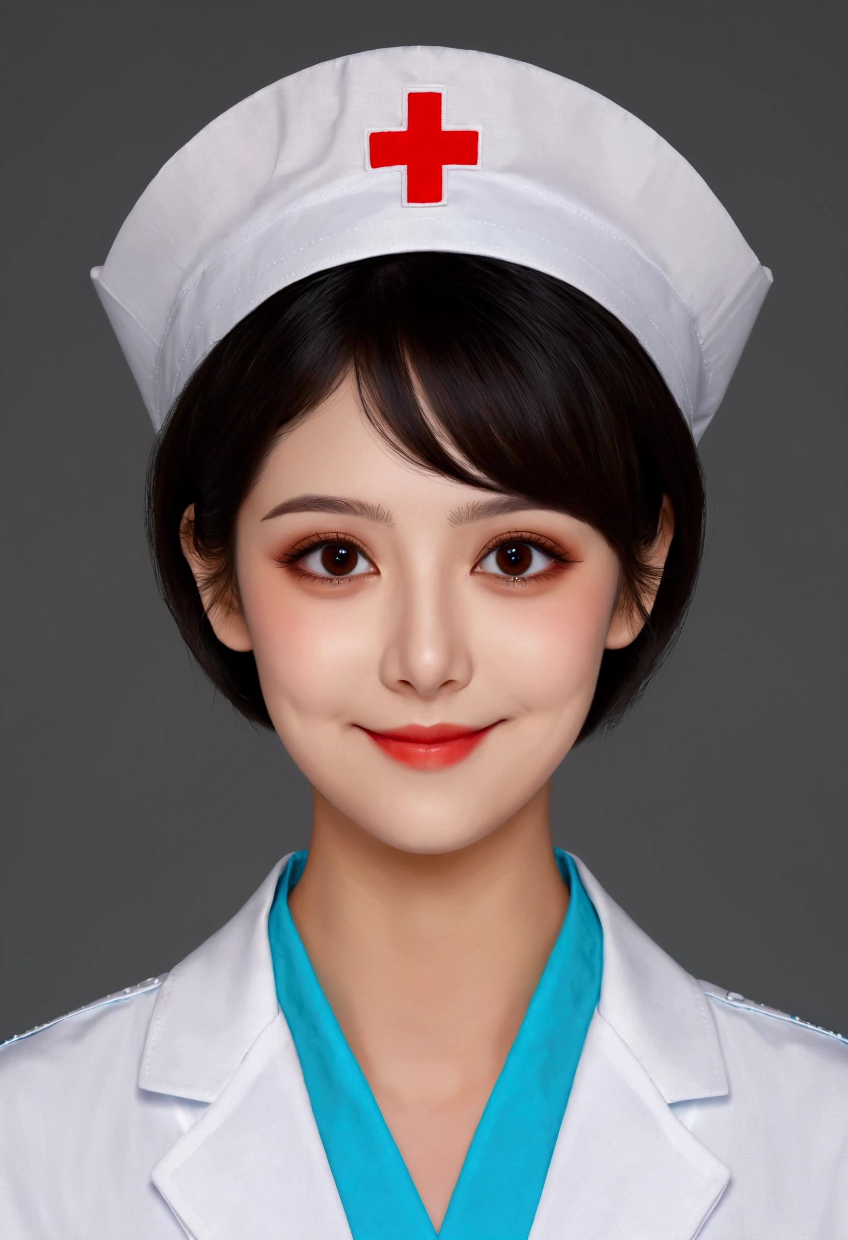 Digital Art Girl Portrait,Smile,solitary,symmetry,short hair,Colorful big eyes,Fashionable and exquisite facial features,Exquisite makeup,Nurse uniform,name card,Clean and simple background